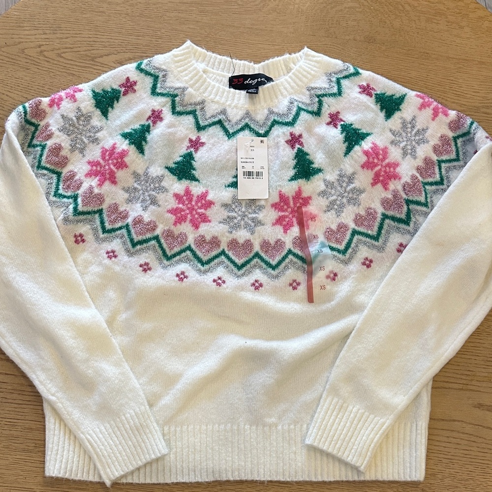 White Sweater with Pink and Green Christmas design sweater XS NWT
